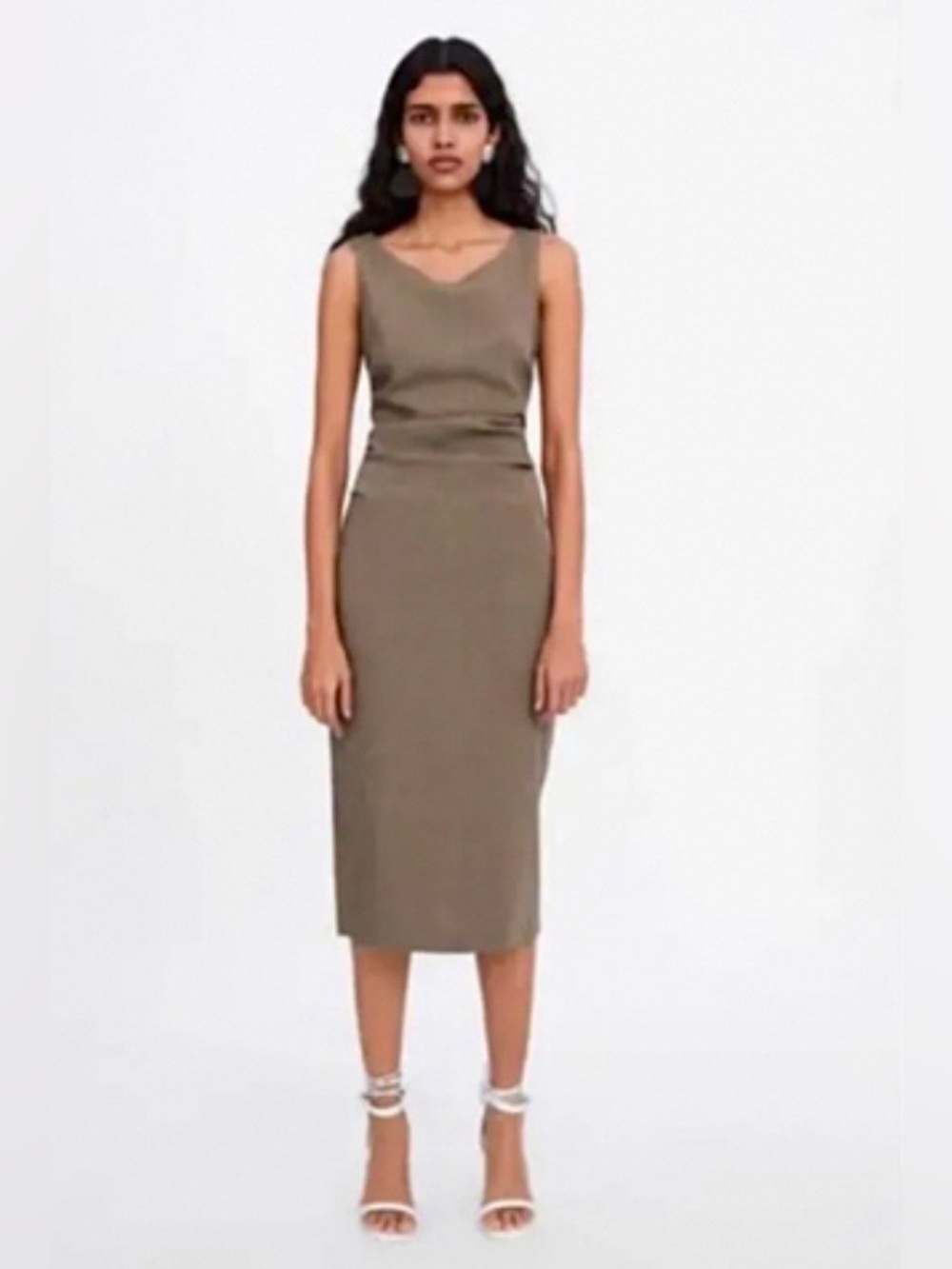 ZARA Linen Blend Ruched Waist Midi Dress Taupe Olive XL